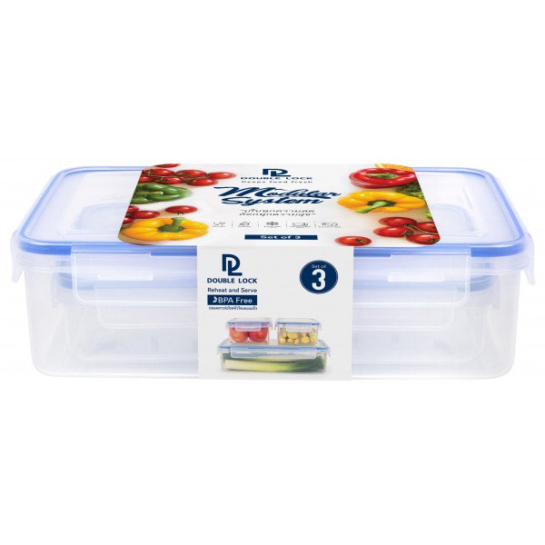 Double Lock ชุดกล่องถนอมอาหาร 6 ชิ้นรวมฝา (3 กล่อง/ชุด Set) รุ่น 99512 ความจุ 1110/4200 ml.